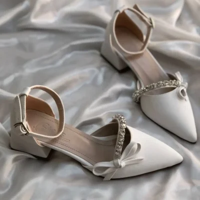 کفش پاشنه بلند زنانه ساتن با پاپیون و سنگدوزی - 7223