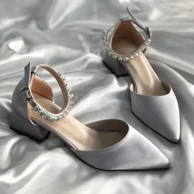 کفش پاشنه بلند زنانه بافتنی سنگدار ساتن پاشنه کوتاه مجلسی - 7235