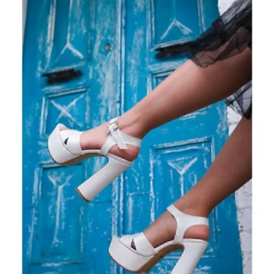 کفش پاشنه بلند زنانه عروسی پلتفرم با جزئیات متقاطع سفید - 7230