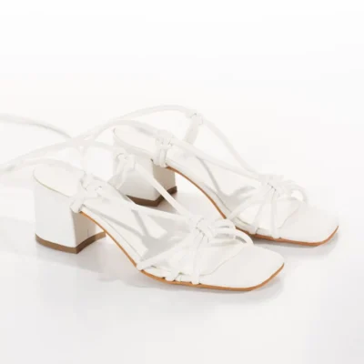 کفش صندل زنانه پاشنه کوتاه سفید با بند گره‌ای کلاپاترا بایان - 7363