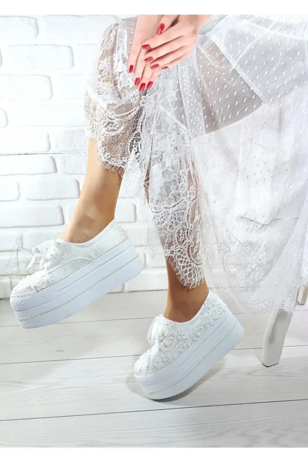 کفش پاشنه‌ بلند زنانه عروس سفید با پاشنه و تزئینات 41208 - 7217