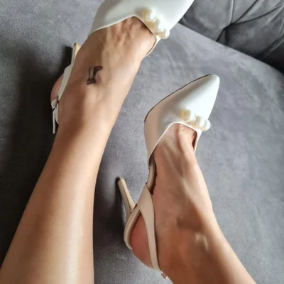 کفش پاشنه بلند زنانه 015 3 عروسی با پاشنه کتی و مروارید - 7241