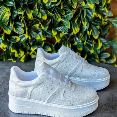 کفش پاشنه‌ بلند زنانه کتانی عروس با درخشش و براقی سفید شکسته، فوق‌العاده راحت و با کیفیت برای عروس - 7197