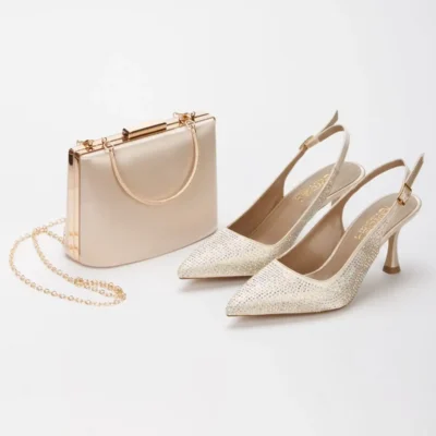 کفش پاشنه‌ بلند زنانه ست و کیف مجلسی با تزئینات سنگی - 7221
