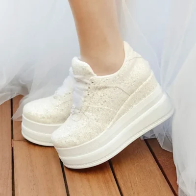 کفش پاشنه بلند زنانه عروس با足湿 ورزشی دوزی دوزی، کرم روشن، 9 سانتیمتر پاشنه پُر، بسیار راحت - 7216