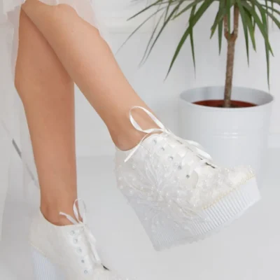 کفش پاشنه بلند زنانه عروسی پاشنه با تزئینات گیپور - 7210