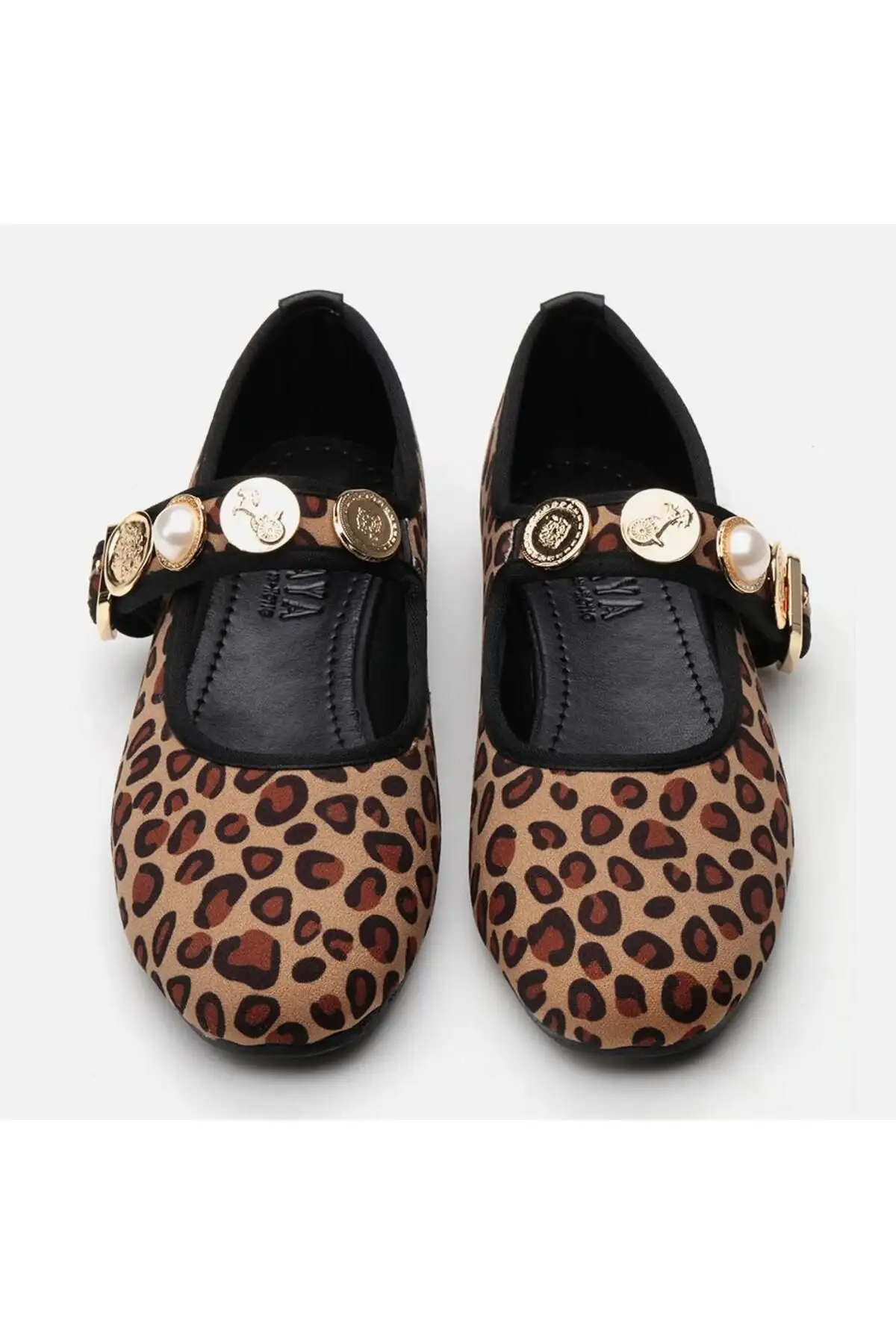 کفش تخت زنانه باله با طرح پلنگی و تزئینات سنگی - 7277