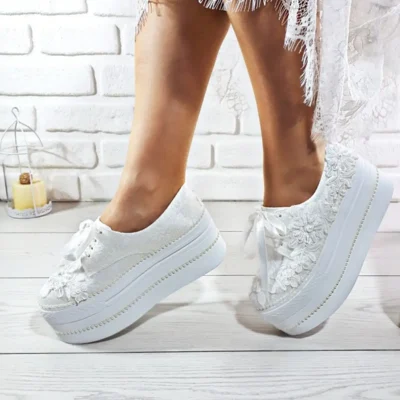 کفش پاشنه بلند زنانه عروس سفید با پاشنه و تزئینات 41208 - 7217