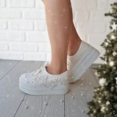 کفش تخت زنانه عروس با پاشنه بلند و تزئینات 41207 - 7183