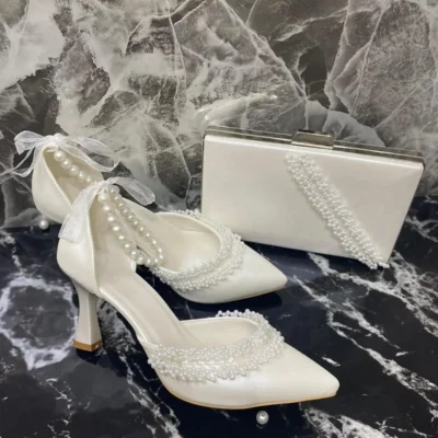 کفش پاشنه بلند زنانه و کیف مجلسی به همراه مروارید به طول 7 سانتیمتر - 7248