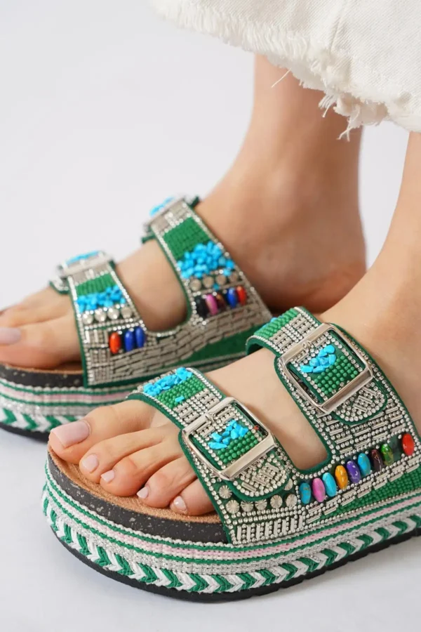 کفش راحتی خانه صندل زنانه لوآس با دو لبه و سنگ‌ها در رنگ سبز - 7320