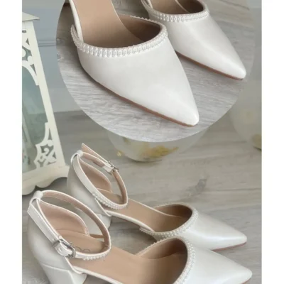 کفش پاشنه بلند زنانه عروسی با پاشنه پهن 5 سانتیمتری به رنگ سفید مرواریدی شکسته و راحت - 7240