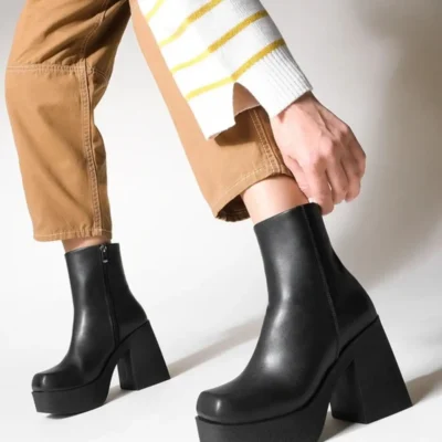 بوت و نیم‌ بوت زنانه چکمه آدلا مشکی با پاشنه کتاه نک گرد زیپ دار برند elvinshoes - 7821