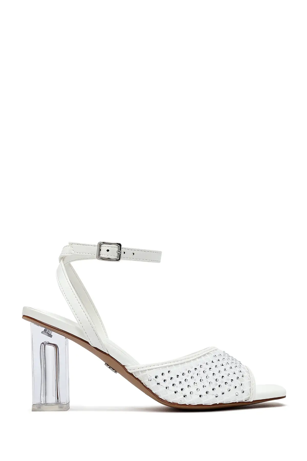 کفش صندل زنانه کتانی  سفید با قفل بر روی مچ پا و سنگهای تزئینی،  پاشنه بلند شفاف 25SFE481714 برند Derimod - 8246 کفش صندل زنانه کتانی سفید با قفل بر روی مچ پا و سنگهای تزئینی، پاشنه بلند شفاف 25SFE481714 برند Derimod - 8246