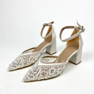 کفش پاشنه‌ بلند زنانه مجلسی پاشنه با ضخامت 6 سانتی‌متر و تزئین مرواریدهای رشته‌ای Sedef کد 01328 - عروسی برند Gloriys Ayakkabı & Çanta - 7991