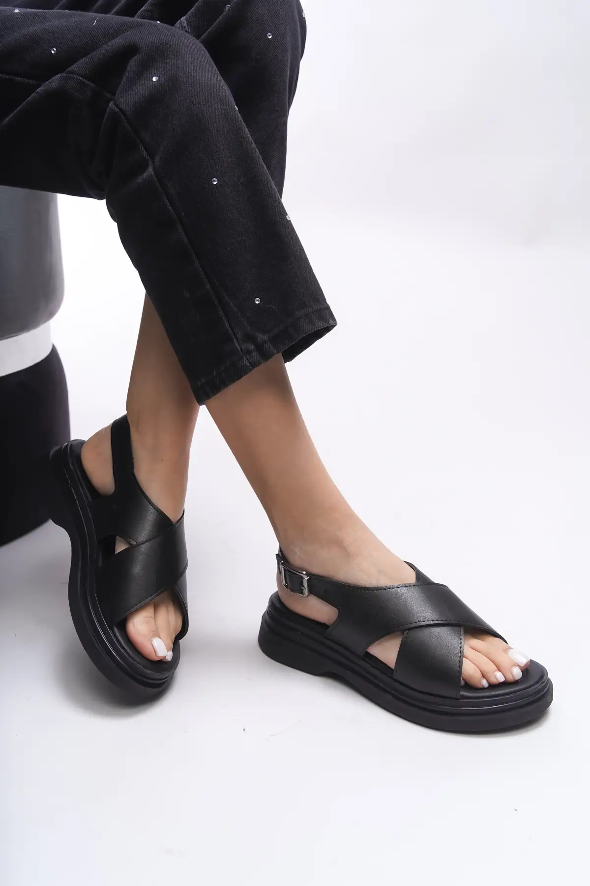 کفش صندل زنانه سندل گرسلاela 0012300 پوست سیاه برند Riccon - 8256