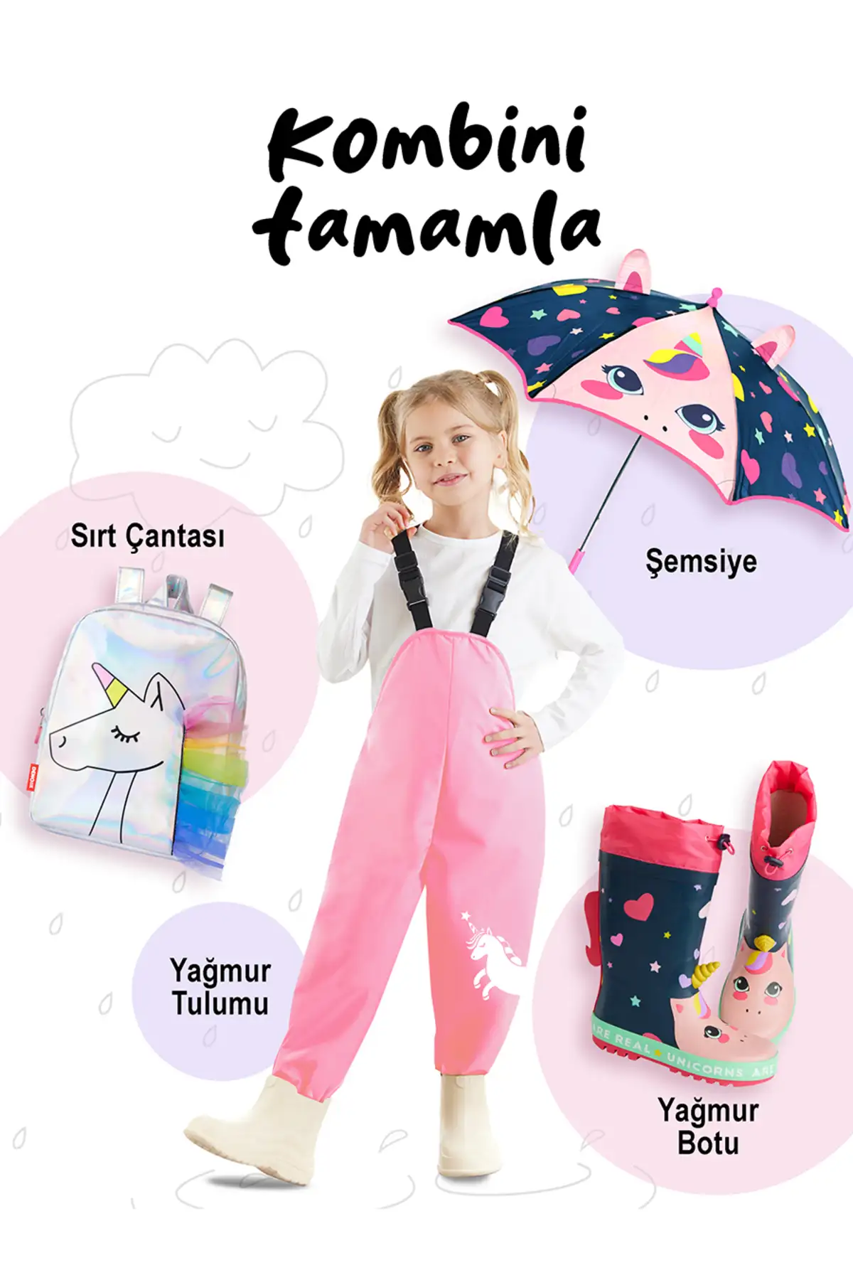 بوت بچگانه چکمه بارانی دخترانه طرح تک شاخ با بند لاستیکی آبی تیره برند Denokids - 7917