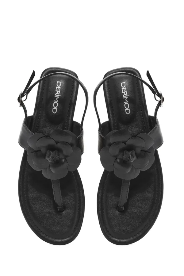 کفش صندل زنانه Sandalet مشکی با جزئیات گل‌دار 25SFE401218 برند Derimod - 8277