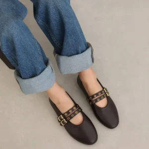 کفش تخت زنانه ماری جین ساده با بند دوگانه و طرح میخ دار - مناسب استفاده روزمره و راحت برند moon glow - 8318