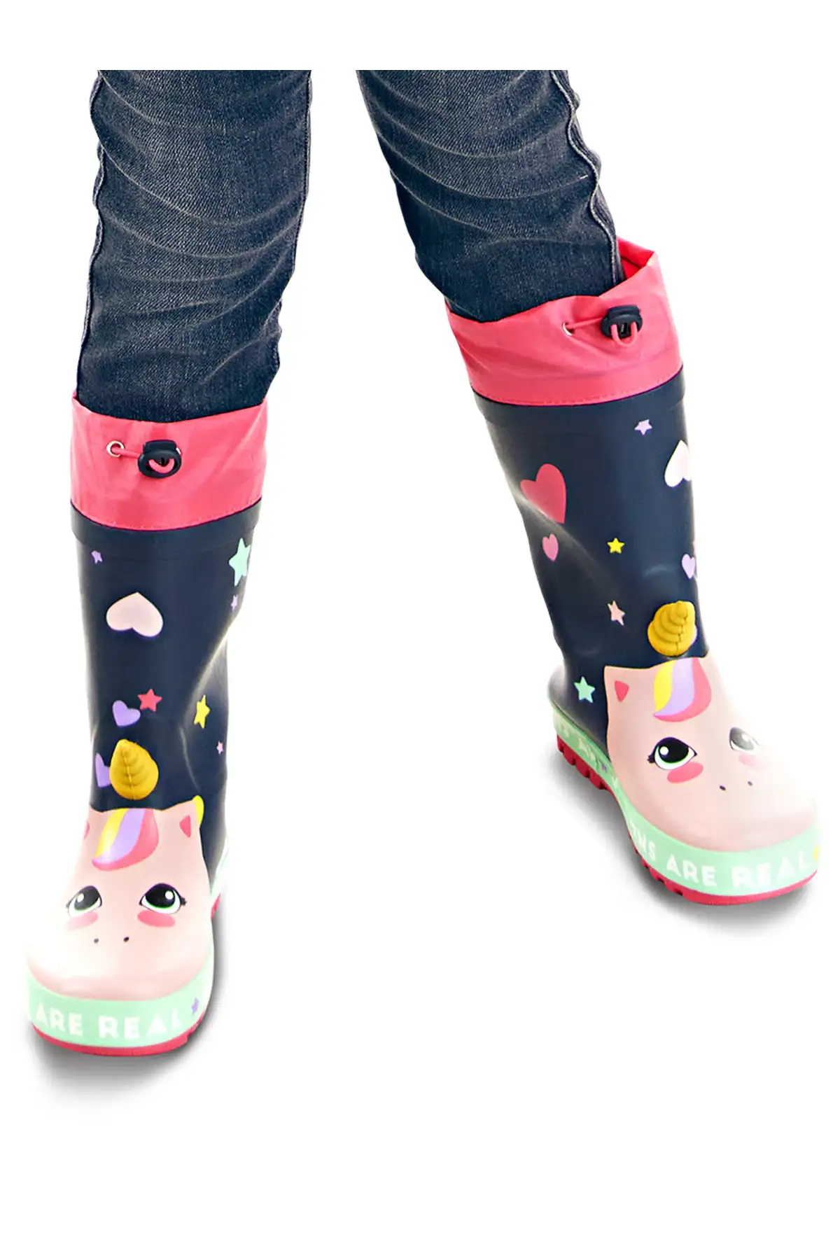 بوت بچگانه چکمه بارانی دخترانه طرح تک شاخ با بند لاستیکی آبی تیره برند Denokids - 7917