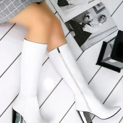 بوت و نیم‌ بوت زنانه نیمه‌پت سفید با ظاهر چرم پاشنه آینه‌ای تا بالای زان برند Limeo - 8082