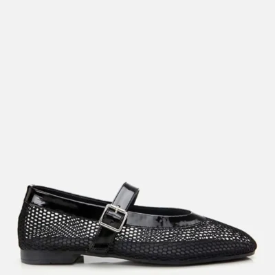 کفش تخت زنانه باله مشکی با رویه چرم و توری برند Yaya by Hotiç - 8336