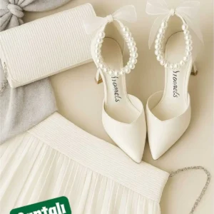 کفش پاشنه‌ بلند زنانه پاشنه کوتاه 7 سانتی مدل مرواریدی سفید، مجلسی برای روزهای ویژه برند Genel Markalar - 7983