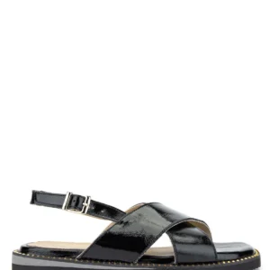 کفش صندل زنانه تخت با رویه چرم طبیعی مشکی براق برند Tamer Tanca - 8223