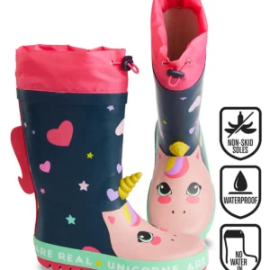 بوت بچگانه چکمه بارانی دخترانه طرح تک شاخ با بند لاستیکی آبی تیره برند Denokids - 7917