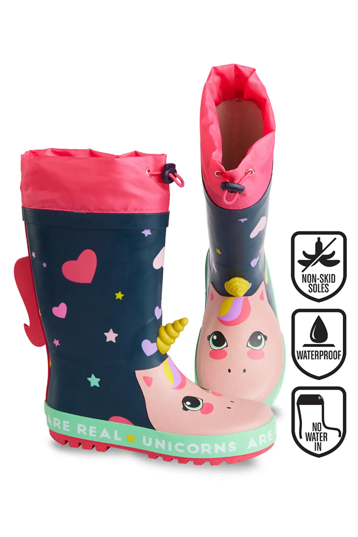 بوت بچگانه چکمه بارانی دخترانه طرح تک شاخ با بند لاستیکی آبی تیره برند Denokids - 7917