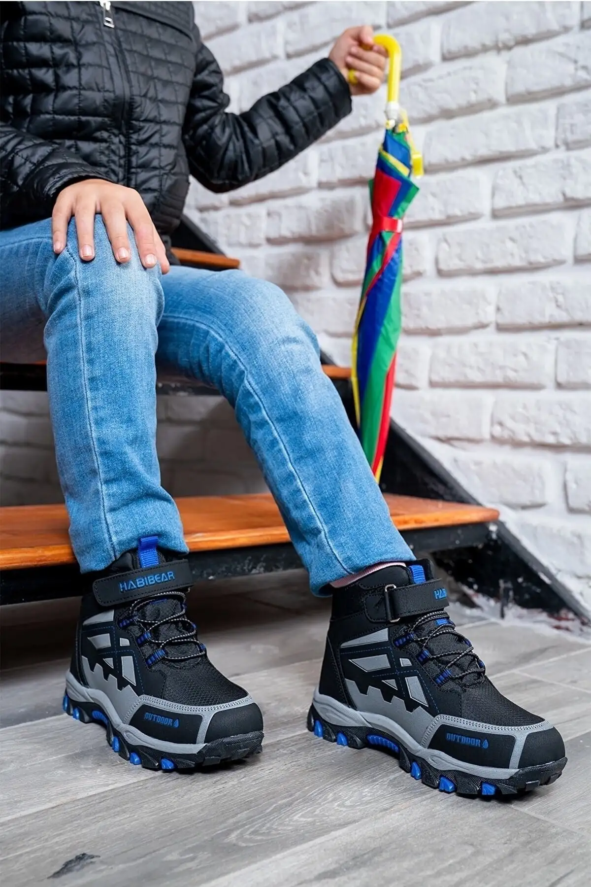 بوت و نیم‌ بوت زنانه بیرنی بچگانه هابی با زیره ضد لغزش آستر گرم، با بند چسبی - سیاه آبی برند SEVER AYAKKABI - 7695