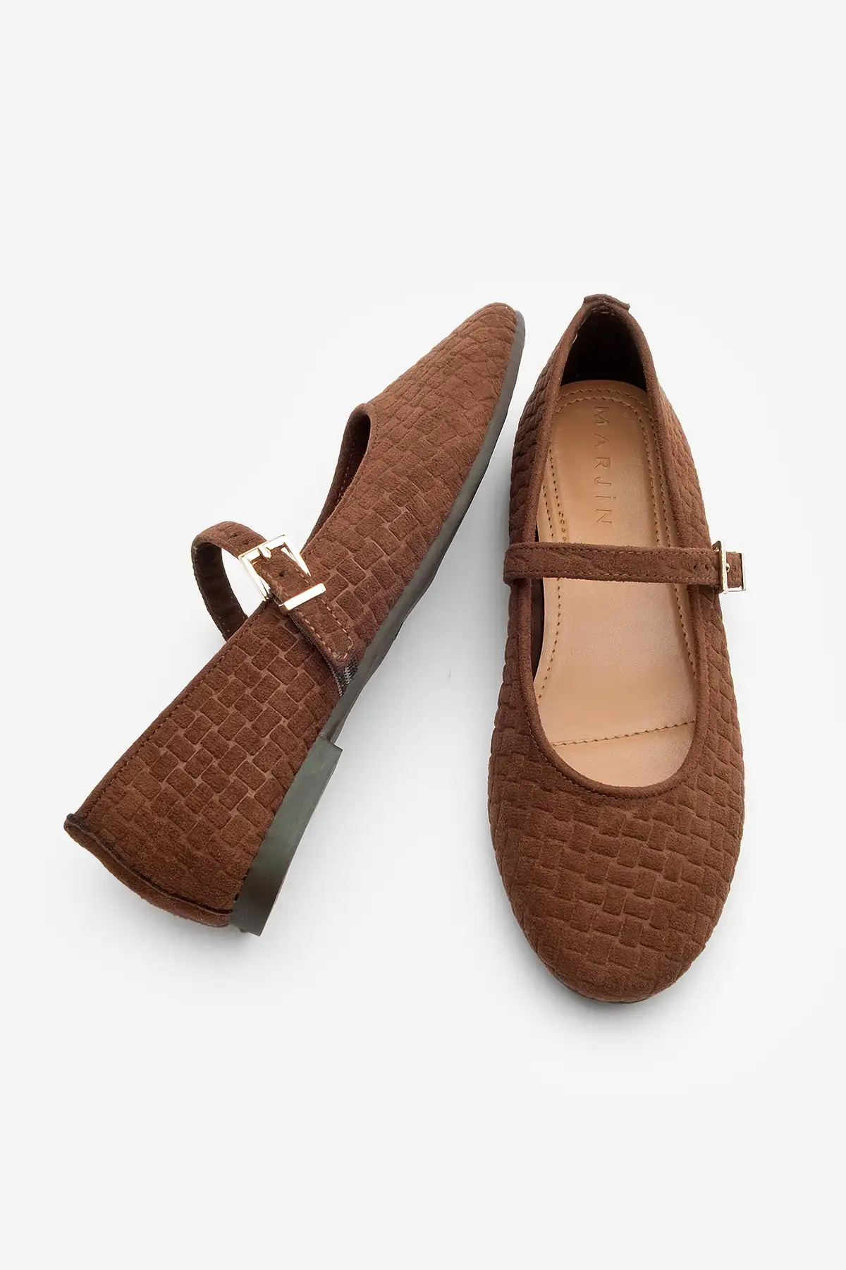 کفش تخت زنانه  روزمره  با طرح، بنددار، افیرا، قهوهای، جیر برند Marjin - 8321 کفش تخت زنانه روزمره با طرح، بنددار، افیرا، قهوهای، جیر برند Marjin - 8321