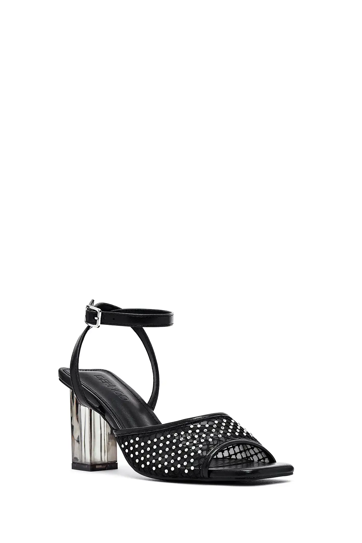 کفش صندل زنانه  پاشنه بلند شفاف مشکی  با بند مچ و تزئینات سنگی برند Derimod - 8243 کفش صندل زنانه پاشنه بلند شفاف مشکی با بند مچ و تزئینات سنگی برند Derimod - 8243