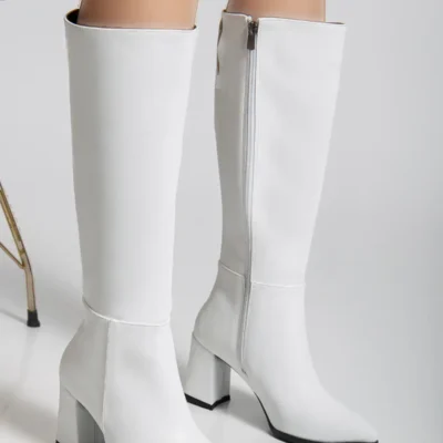 بوت و نیم‌ بوت زنانه چکمه‌های پاشنه بلند با زیپ سفید تا زان برند LEMUES SHOES - 8085