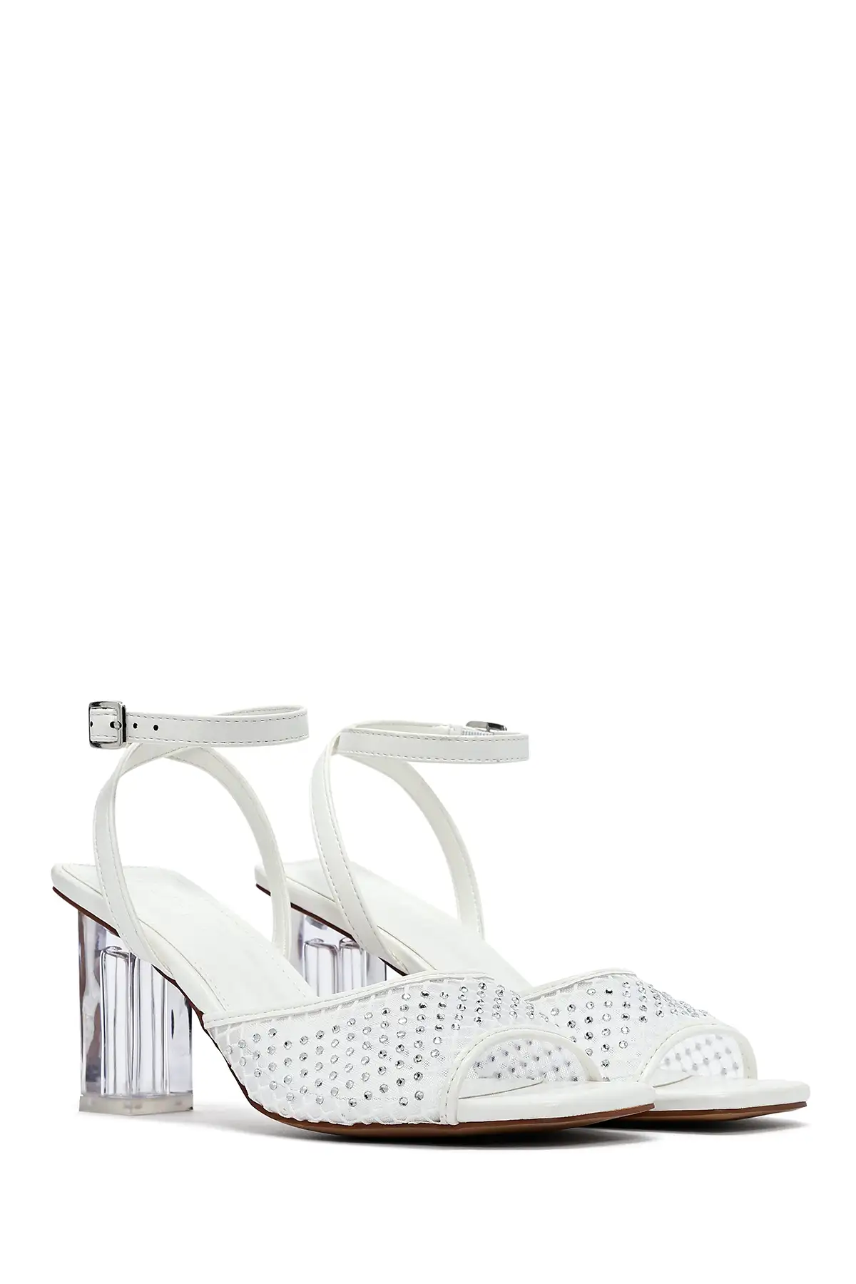 کفش صندل زنانه کتانی  سفید با قفل بر روی مچ پا و سنگهای تزئینی،  پاشنه بلند شفاف 25SFE481714 برند Derimod - 8246 کفش صندل زنانه کتانی سفید با قفل بر روی مچ پا و سنگهای تزئینی، پاشنه بلند شفاف 25SFE481714 برند Derimod - 8246