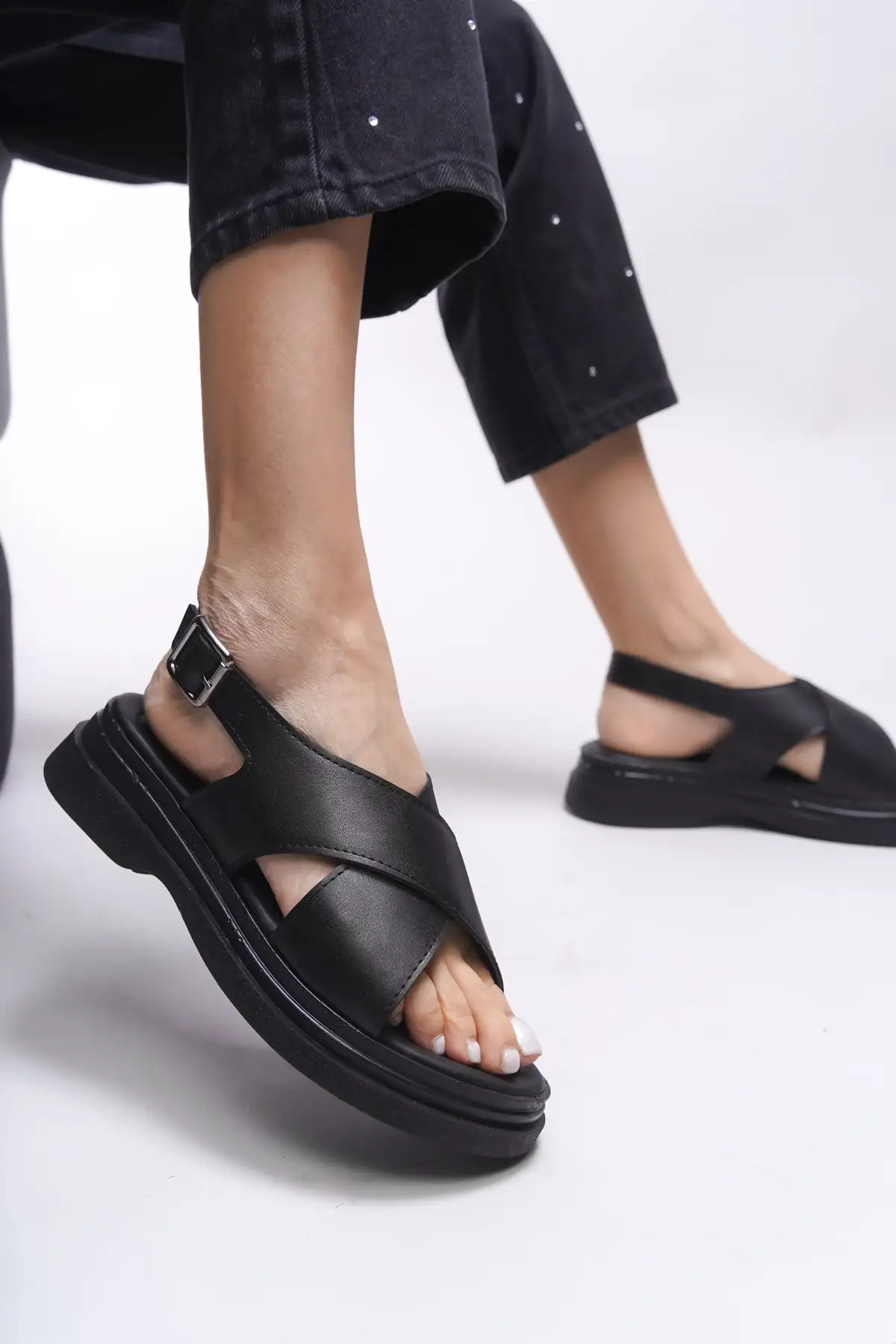 کفش صندل زنانه سندل گرسلاela 0012300 پوست سیاه برند Riccon - 8256