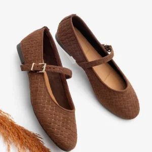 کفش تخت زنانه روزمره با طرح، بنددار، افیرا، قهوه‌ای، جیر برند Marjin - 8321