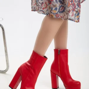 بوت و نیم‌ بوت زنانه کفش پلتفرم با پاشنه ضخیم چرم مصنعی قرمز برند LİLLA - 7795