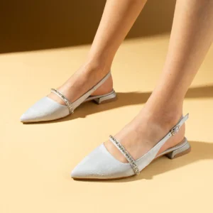 کفش تخت زنانه پاشنه با رویه ساتن خاکستری و بندهای سنگی، سبک و راحت، مناسب برای مراسم فارغ‌التحصیلی برند Pembe Potin - 8335