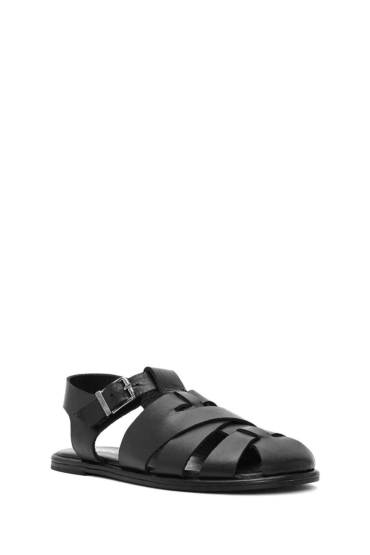 کفش صندل زنانه چرم طبیعی مشکی با بندهای قفل‌دار 25SFD152718 برند Derimod - 8250