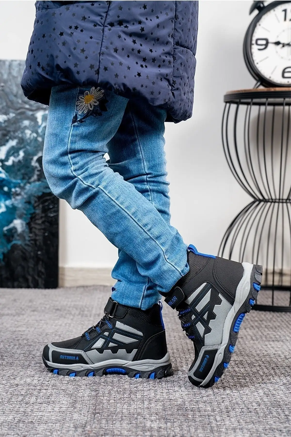 بوت و نیم‌ بوت زنانه بیرنی بچگانه هابی با زیره ضد لغزش آستر گرم، با بند چسبی - سیاه آبی برند SEVER AYAKKABI - 7695