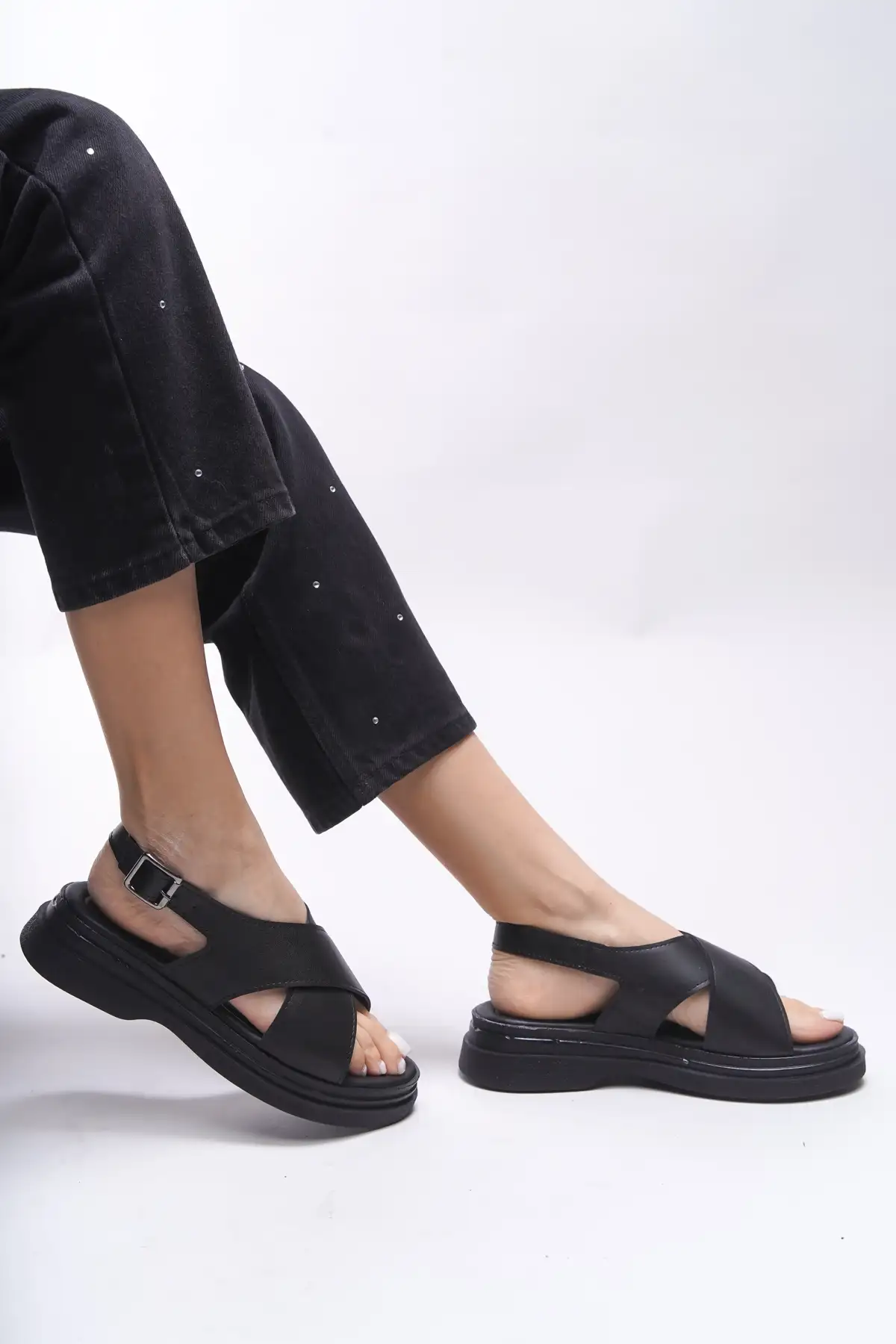 کفش صندل زنانه سندل گرسلاela 0012300 پوست سیاه برند Riccon - 8256