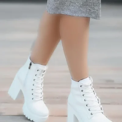 بوت و نیم‌ بوت زنانه ملینا پلتفرم با بند زیپ کناری سفید برند LEYDİ SHOES - 7751