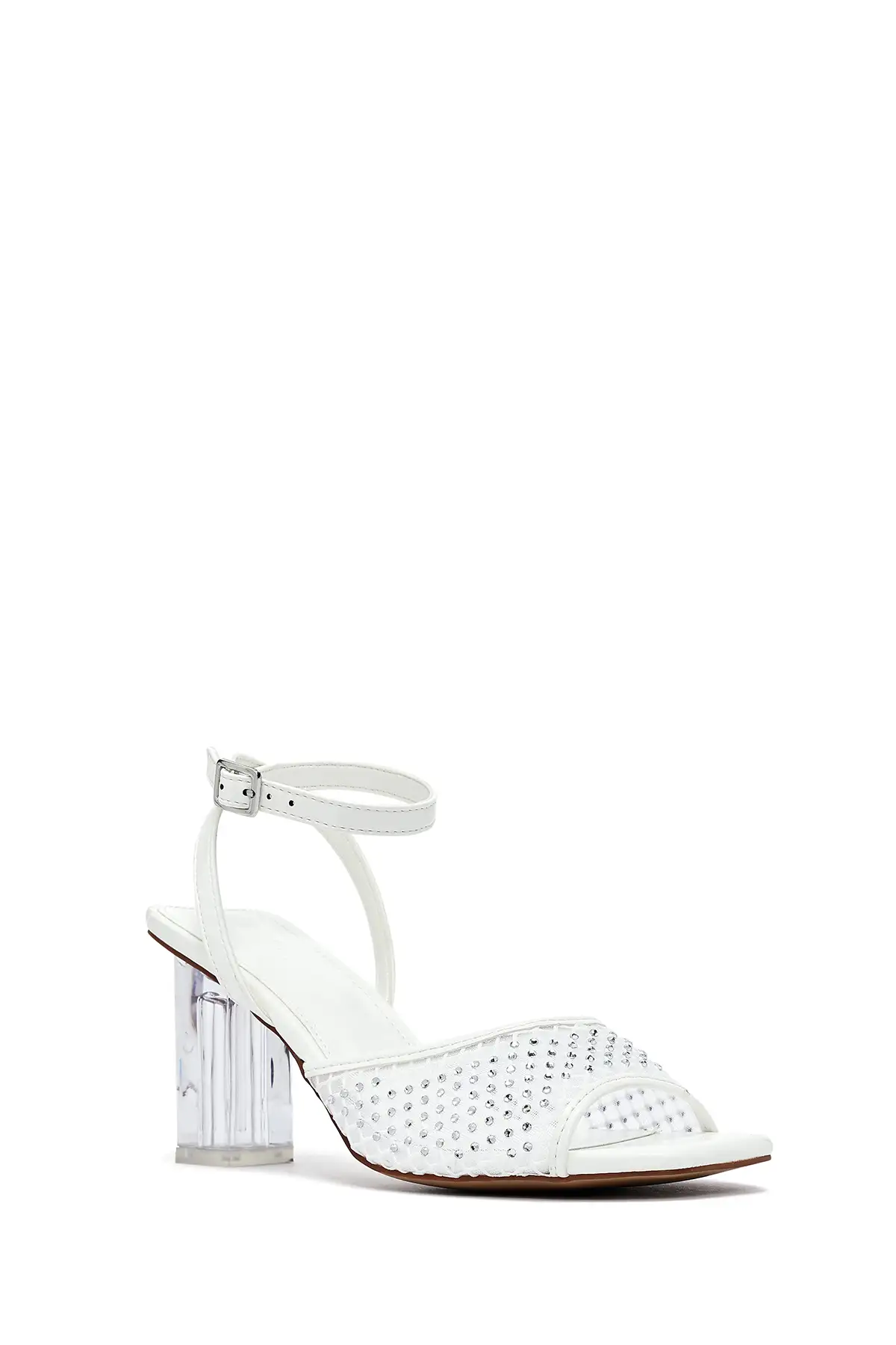 کفش صندل زنانه کتانی  سفید با قفل بر روی مچ پا و سنگهای تزئینی،  پاشنه بلند شفاف 25SFE481714 برند Derimod - 8246 کفش صندل زنانه کتانی سفید با قفل بر روی مچ پا و سنگهای تزئینی، پاشنه بلند شفاف 25SFE481714 برند Derimod - 8246