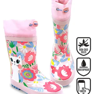 بوت بچگانه پوتین بارانی صورتی دخترانه با طرح گربه و گل برند Denokids - 7932