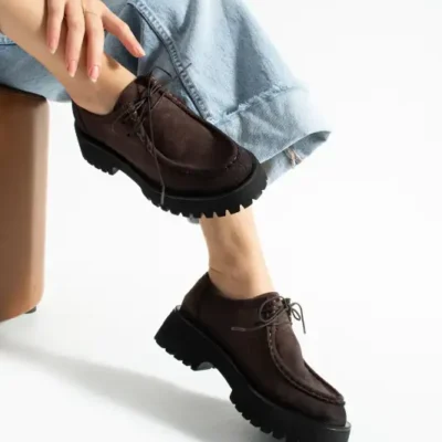 کفش لوفر زنانه بوسکو آکسفورد کافه‌ای سوئدی با بند برند ALEMDAR AYAKKABI - 8558