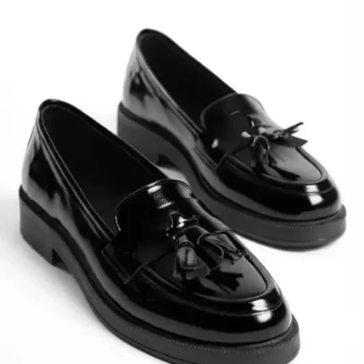 کفش لوفر زنانه کیف چرمی مشکی با پاپیون، راحتی با پاپیون مشکی براق برند GRADA - 8565