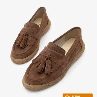 کفش لوفر زنانه روزمره از چرم طبیعی مدل با رنگ قهوه‌ای سوئدی برند Marjin - 8542