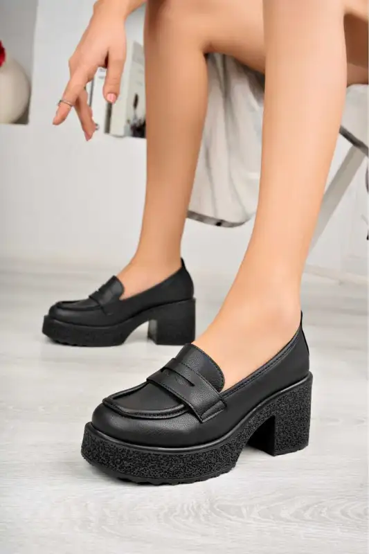 کفش لوفر زنانه moccasin پاشنه بلند چرم مشکی برند BAHRİNA - 8544 کفش لوفر زنانه moccasin پاشنه بلند چرم مشکی برند BAHRİNA - 8544