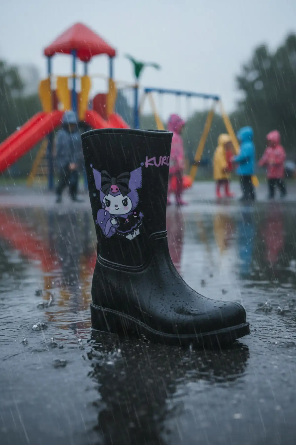 بوت بچگانه چکمه بارانی دخترانه مشکی و بنفش با طرح کرومی ضد آب برند Sea&Blue - 8410